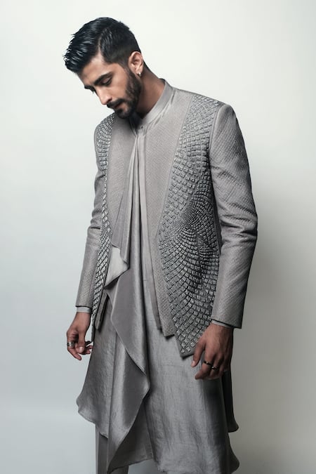 Shop Rohit Gandhi + Rahul Khanna Grey Silk Beads Ashlar Metallic Jacket Online at Aza Fashions Shop_Rohit Gandhi + Rahul Khanna_Grey Silk Beads Ashlar Metallic Jacket _Online_at_Aza_Fashions