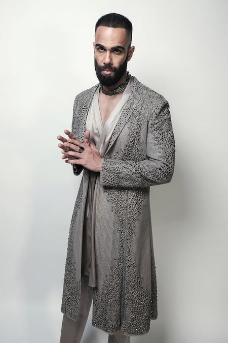 Shop_Rohit Gandhi + Rahul Khanna_Grey Satin Embroidery Cosmati Wrap Around Kurta _Online_at_Aza_Fashions