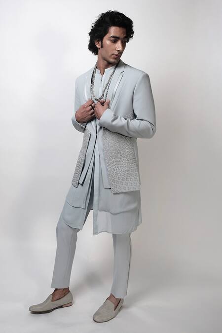 Buy_Rohit Gandhi + Rahul Khanna_Blue Crepe Embroidery Metallic Rings Arris Layered Jacket _Online_at_Aza_Fashions