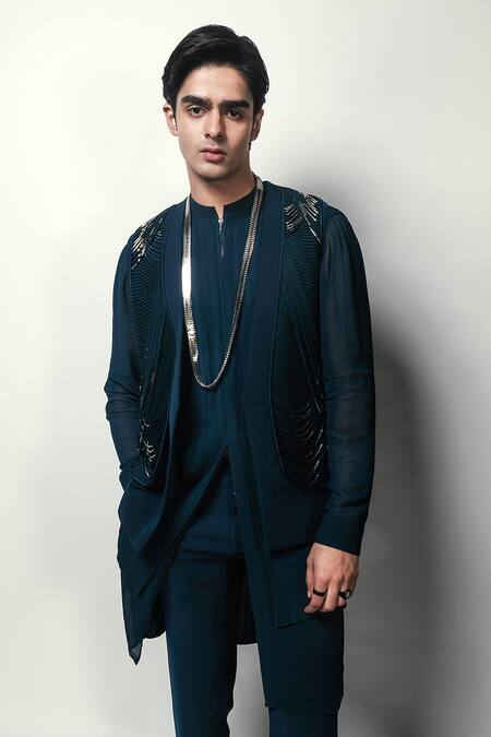 Rohit Gandhi + Rahul Khanna_Blue Georgette Double Layered Kurta _Online_at_Aza_Fashions