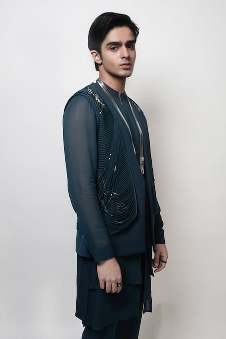 Buy_Rohit Gandhi + Rahul Khanna_Blue Georgette Double Layered Kurta _Online_at_Aza_Fashions