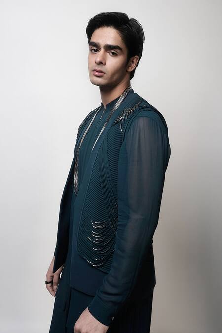 Shop_Rohit Gandhi + Rahul Khanna_Blue Georgette Double Layered Kurta _Online_at_Aza_Fashions