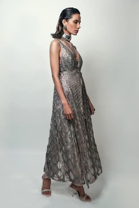 Rohit Gandhi + Rahul Khanna_Grey Satin Empyrean Skirt _Online_at_Aza_Fashions