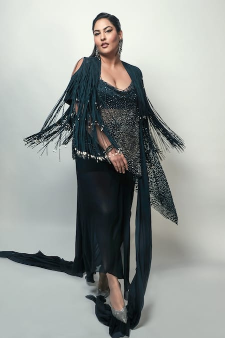 Rohit Gandhi + Rahul Khanna_Blue Silk, Georgette Carillon Skirt With Trail _Online_at_Aza_Fashions