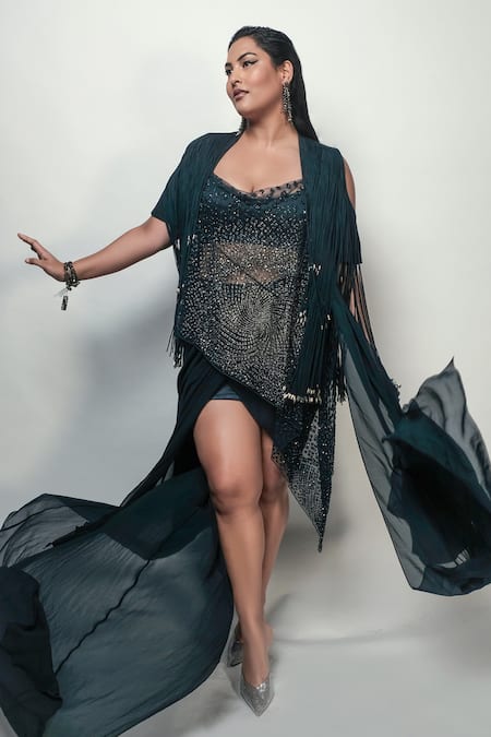 Buy_Rohit Gandhi + Rahul Khanna_Blue Silk, Georgette Carillon Skirt With Trail _Online_at_Aza_Fashions