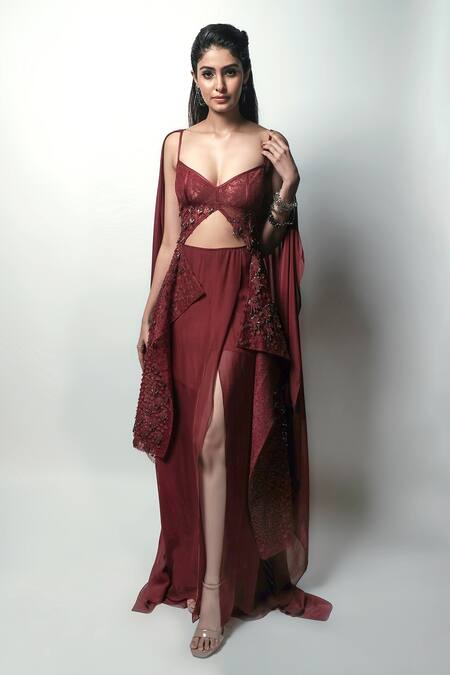Rohit Gandhi + Rahul Khanna Red Silk, Chiffon Sequins, Embroidery Spire Draped Skirt at Aza Fashions Rohit Gandhi + Rahul Khanna_Red Silk, Chiffon Sequins, Embroidery Spire Draped Skirt _at_Aza_Fashions