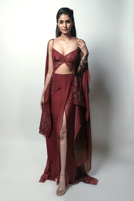 Shop_Rohit Gandhi + Rahul Khanna_Red Tulle, Maheshwari, Silk, Chiffon, Net Beads, Spire Fringe Jacket And Skirt Set _Online_at_Aza_Fashions