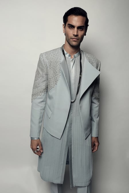 Buy_Rohit Gandhi + Rahul Khanna_Blue Georgette Pearls Occulus Straight Kurta _Online_at_Aza_Fashions