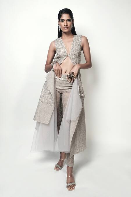 Rohit Gandhi + Rahul Khanna_Beige Tulle Embroidery V-neck Edith Cut-out Embellished Jacket _Online_at_Aza_Fashions