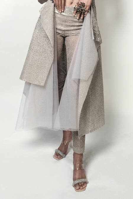 Shop_Rohit Gandhi + Rahul Khanna_Beige Tulle Embroidery V-neck Edith Cut-out Embellished Jacket _Online_at_Aza_Fashions