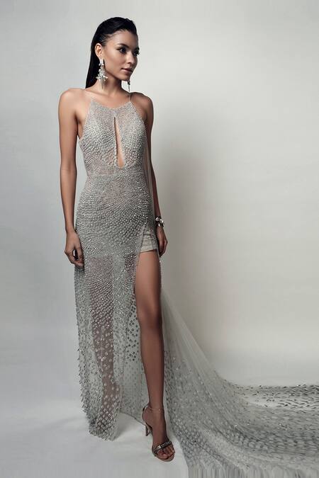 Rohit Gandhi + Rahul Khanna Blue Tulle, Net Pearls, Crystals Halter Neck Starly Gown at Aza Fashions Rohit Gandhi + Rahul Khanna_Blue Tulle, Net Pearls, Crystals Halter Neck Starly Gown _at_Aza_Fashions