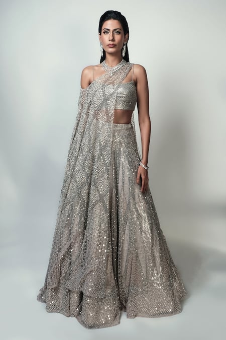 Rohit Gandhi + Rahul Khanna_Purple Tulle Crystals, Sequins Clerest Embellished Blouse _Online_at_Aza_Fashions