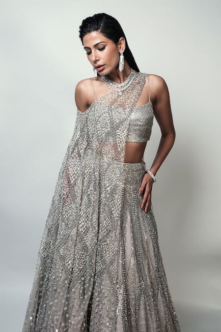 Buy_Rohit Gandhi + Rahul Khanna_Purple Tulle Crystals, Sequins Clerest Embellished Blouse _Online_at_Aza_Fashions