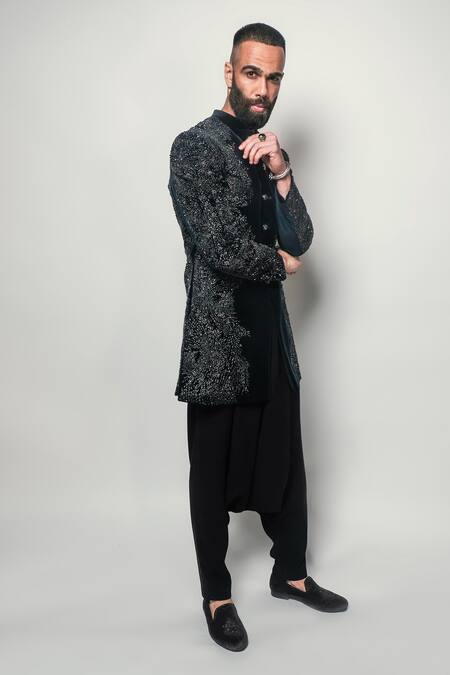 Buy_Rohit Gandhi + Rahul Khanna_Blue Velvet Beads, Metallic Thread Embroidered Sherwani _Online_at_Aza_Fashions