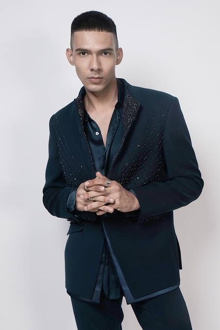 Buy Rohit Gandhi + Rahul Khanna Blue Crepe Embroidery Ascent Embellished Tuxedo Pant Set Online at Aza Fashions Buy_Rohit Gandhi + Rahul Khanna_Blue Crepe Embroidery Ascent Embellished Tuxedo Pant Set _Online_at_Aza_Fashions