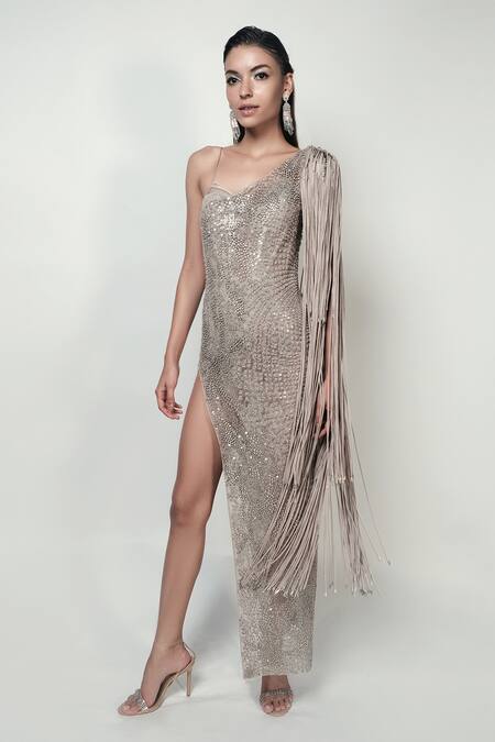 Shop Rohit Gandhi + Rahul Khanna Beige Tulle Crystals, Sequins, Pearls One Prism Embellished High Slit Dress Online at Aza Fashions Shop_Rohit Gandhi + Rahul Khanna_Beige Tulle Crystals, Sequins, Pearls One Prism Embellished High Slit Dress _Online_at_Aza_Fashions