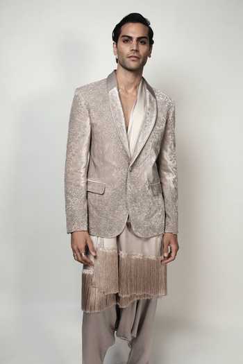 Rohit Gandhi + Rahul Khanna_Purple Satin Fringe Tassel Wrap Kurta _Online_at_Aza_Fashions