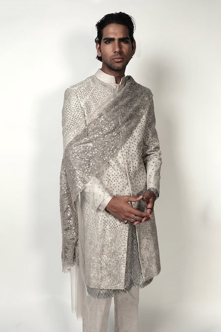 Rohit Gandhi + Rahul Khanna Beige Georgette Embroidery Metallic Thread And Pearls Sherwani Online at Aza Fashions Rohit Gandhi + Rahul Khanna_Beige Georgette Embroidery Metallic Thread And Pearls Sherwani _Online_at_Aza_Fashions