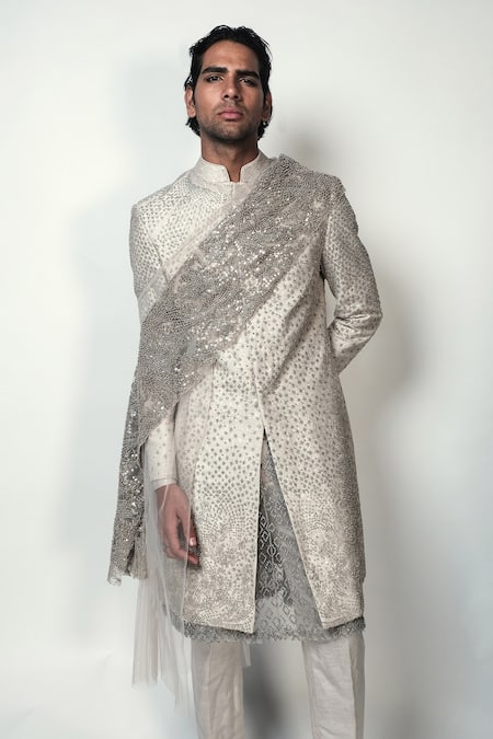 Buy Rohit Gandhi + Rahul Khanna Beige Georgette Embroidery Metallic Thread And Pearls Sherwani Online at Aza Fashions Buy_Rohit Gandhi + Rahul Khanna_Beige Georgette Embroidery Metallic Thread And Pearls Sherwani _Online_at_Aza_Fashions