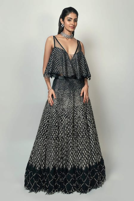 Buy_Rohit Gandhi + Rahul Khanna_Blue Tulle Crystals Plunge Neck Crest Embellished Blouse _Online_at_Aza_Fashions