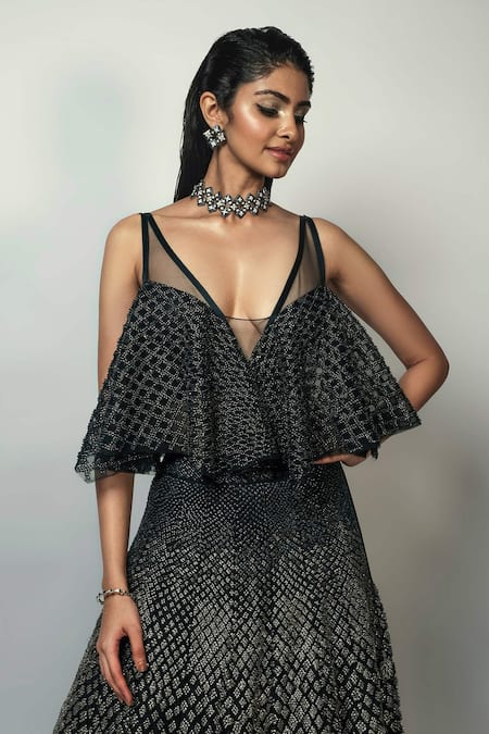 Shop_Rohit Gandhi + Rahul Khanna_Blue Tulle Crystals Plunge Neck Crest Embellished Blouse _Online_at_Aza_Fashions