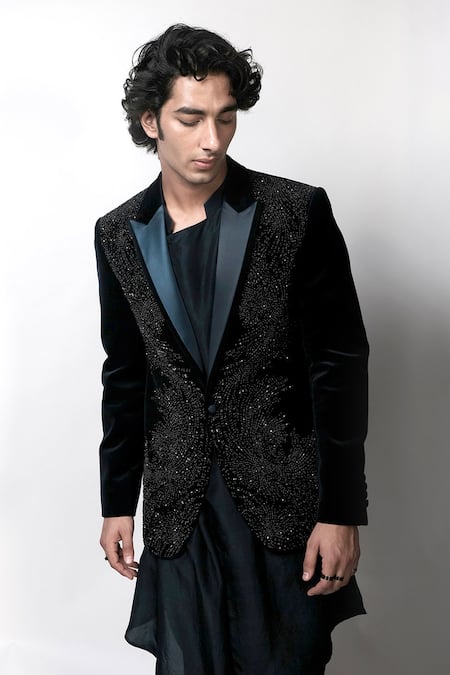 Buy Rohit Gandhi + Rahul Khanna Blue Velvet Crystals, Beads Palladian Tuxedo Online at Aza Fashions Buy_Rohit Gandhi + Rahul Khanna_Blue Velvet Crystals, Beads Palladian Tuxedo _Online_at_Aza_Fashions