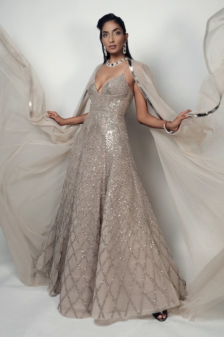 Rohit Gandhi + Rahul Khanna_Beige Tulle Crystals V-neck Spatial Metallic Gown With Cape _Online_at_Aza_Fashions