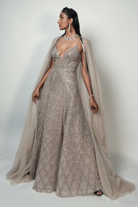 Buy_Rohit Gandhi + Rahul Khanna_Beige Tulle Crystals V-neck Spatial Metallic Gown With Cape _Online_at_Aza_Fashions