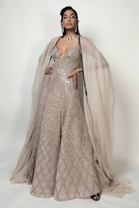 Shop_Rohit Gandhi + Rahul Khanna_Beige Tulle Crystals V-neck Spatial Metallic Gown With Cape _Online_at_Aza_Fashions