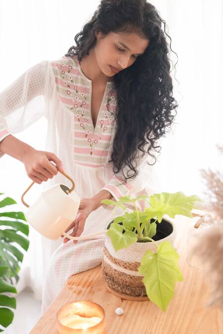 Banera_White Cotton, Denim Round Neck, Split Checkered Print Slip Dress With Overlay_Online_at_Aza_Fashions