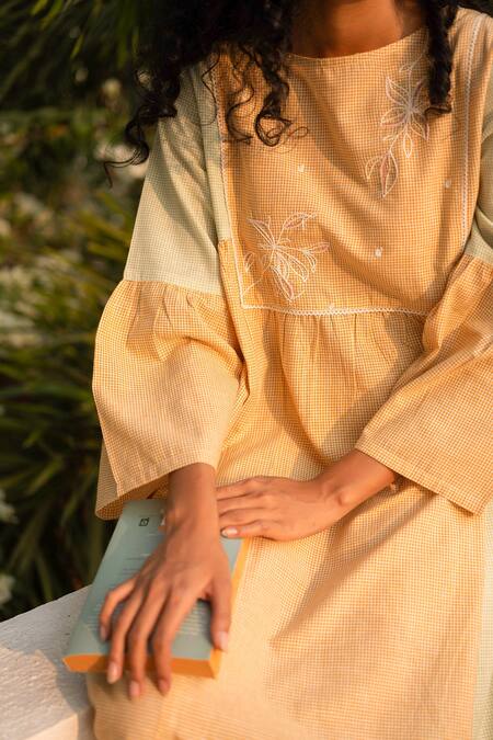 Shop_Banera_Yellow Cotton Round Neck Checkered Print Maxi Dress_Online_at_Aza_Fashions