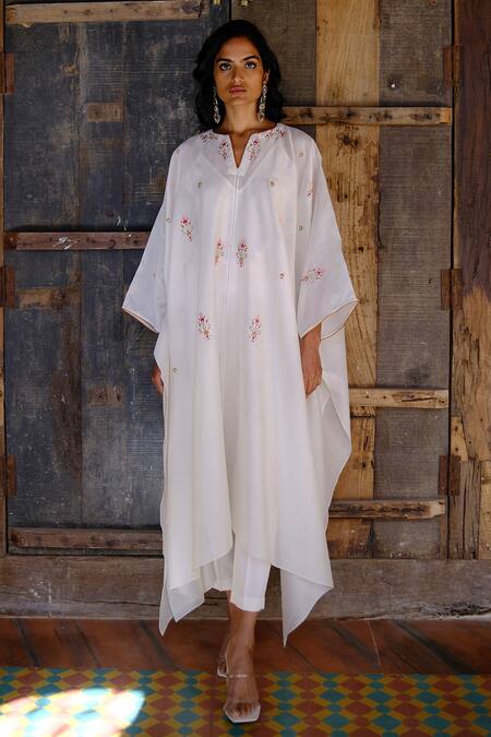 Buy_Shikha Mehta_Ivory Kaftan  Silk Chanderi, Pant  Silk, Slip  Thread And Set_Online_at_Aza_Fashions