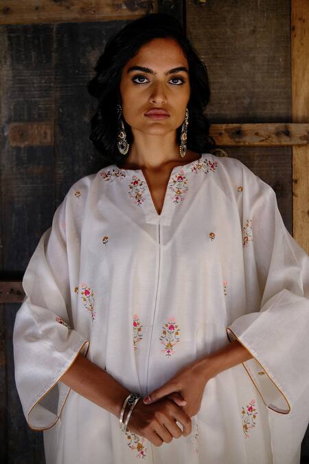Shop_Shikha Mehta_Ivory Kaftan  Silk Chanderi, Pant  Silk, Slip  Thread And Set_Online_at_Aza_Fashions