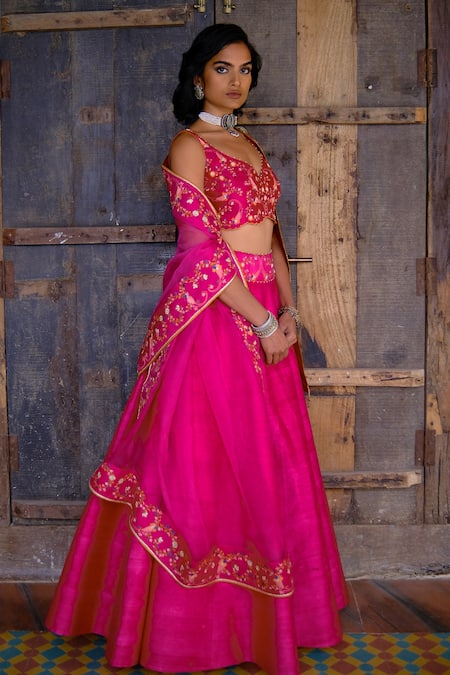 Shikha Mehta_Fuchsia Blouse  Chanderi, Dupatta  Organza, Lehenga  Raw Set_Online_at_Aza_Fashions