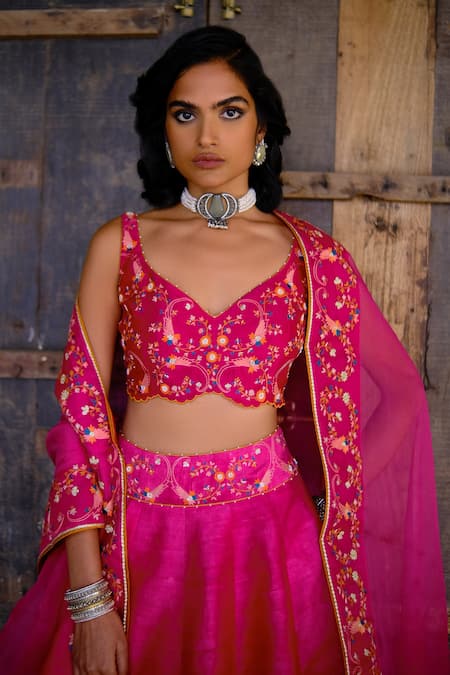 Buy_Shikha Mehta_Fuchsia Blouse  Chanderi, Dupatta  Organza, Lehenga  Raw Set_Online_at_Aza_Fashions