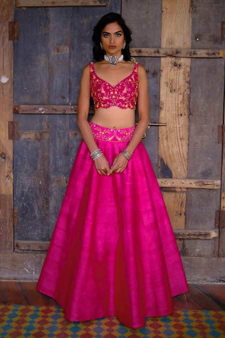 Shop_Shikha Mehta_Fuchsia Blouse  Chanderi, Dupatta  Organza, Lehenga  Raw Set_Online_at_Aza_Fashions