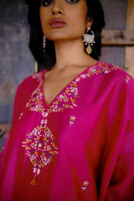 Shop_Shikha Mehta_Fuchsia Silk Chanderi, Slip  Cotton Thread V Neck Kaftan And Pant Set _Online_at_Aza_Fashions