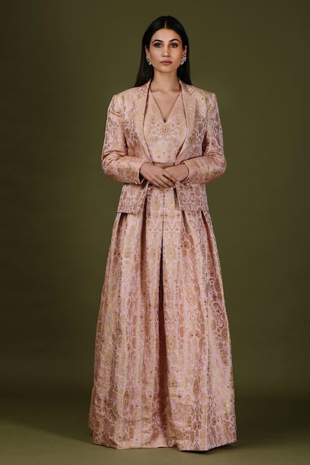 Soniya G_Pink Brocade Silk Floral Print Jacket Lapel Collar And Blouse V & Lehenga Set _Online_at_Aza_Fashions