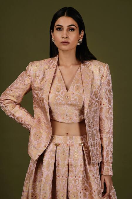 Shop_Soniya G_Pink Brocade Silk Floral Print Jacket Lapel Collar And Blouse V & Lehenga Set _Online_at_Aza_Fashions