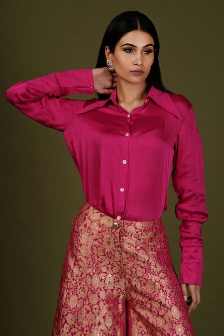 Buy_Soniya G_Fuchsia Brocade Silk Woven Floral Print Spread Collar Shirt And Flared Pant Set _Online_at_Aza_Fashions