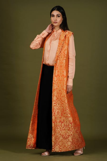 Soniya G_Orange Brocade Silk Floral Print Mandarin Collar Long Jacket And Palazzo Set _Online_at_Aza_Fashions