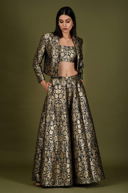 Soniya G_Black Brocade Silk Floral Print Jacket Lapel Collar Cropped And Flared Pant Set_Online_at_Aza_Fashions