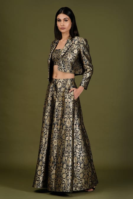 Buy_Soniya G_Black Brocade Silk Floral Print Jacket Lapel Collar Cropped And Flared Pant Set_Online_at_Aza_Fashions