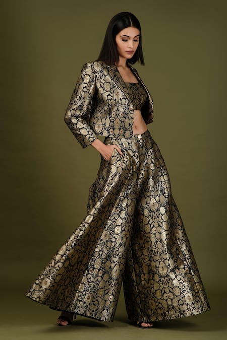 Soniya G_Black Brocade Silk Floral Print Jacket Lapel Collar Cropped And Flared Pant Set_at_Aza_Fashions