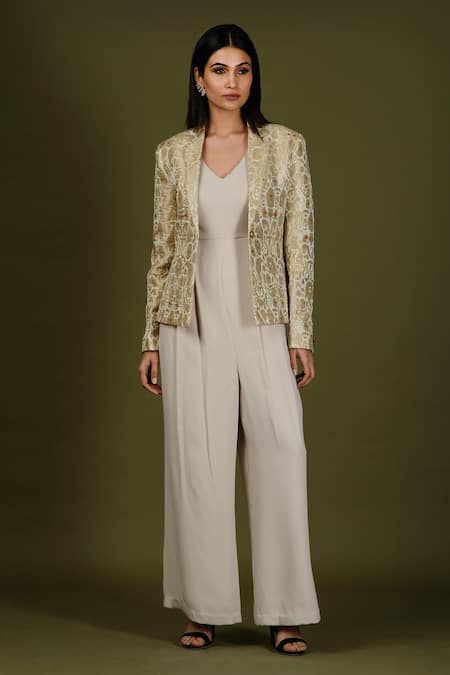 Soniya G_Gold Brocade Silk Floral Print V Neck Jacket And Jumpsuit Set _Online_at_Aza_Fashions