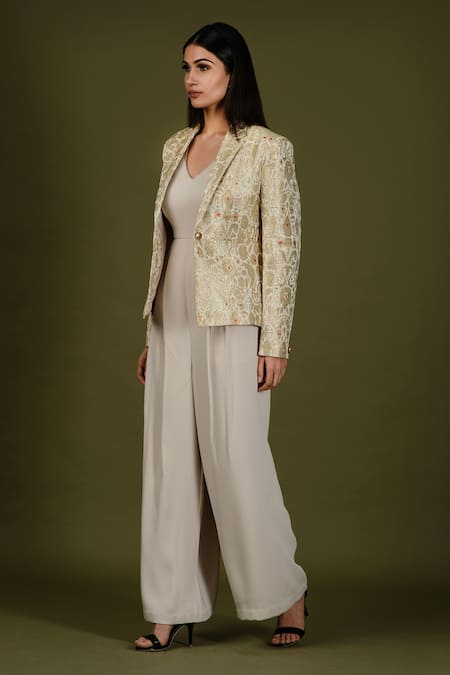 Buy_Soniya G_Gold Brocade Silk Floral Print V Neck Jacket And Jumpsuit Set _Online_at_Aza_Fashions