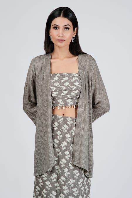 Soniya G_Grey Silk Chevron Print, Floral Print, Sequin And Thread, Shell Cape & Skirt Set _Online_at_Aza_Fashions