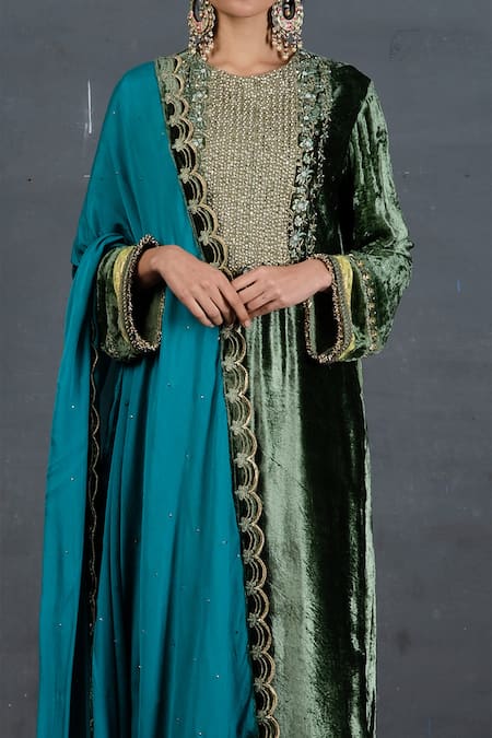 Soniya G_Green Microfiber, Velvet, Chiffon Sequins, Embroidery Kurta Palazzo Set For Kids_at_Aza_Fashions