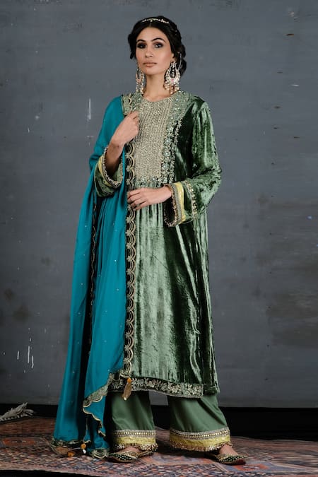 Soniya G_Green Microfiber, Velvet, Chiffon Sequins, Embroidery Kurta Palazzo Set For Kids_Online_at_Aza_Fashions