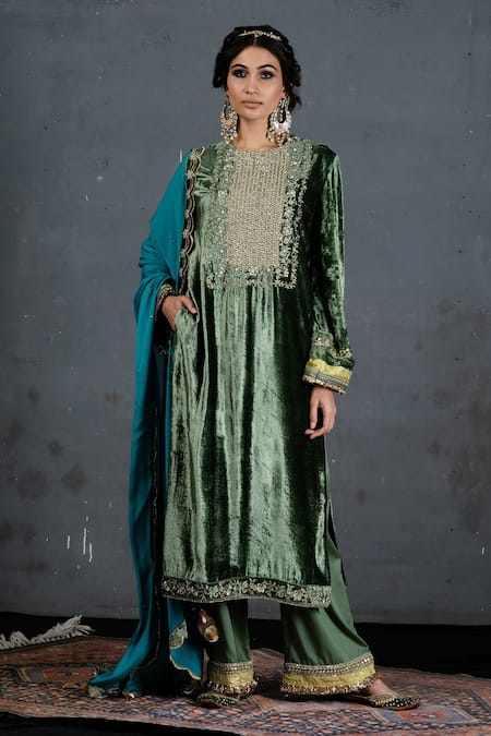 Buy_Soniya G_Green Microfiber, Velvet, Chiffon Sequins, Embroidery Kurta Palazzo Set For Kids_Online_at_Aza_Fashions